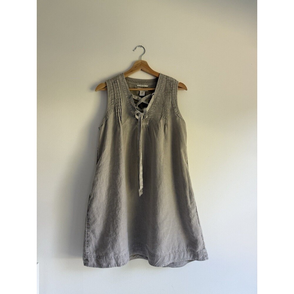 Rachel Zoe 100% Linen Sleeveless Dress Size S Gray Lace-Up V-Neck Boho Tunic
